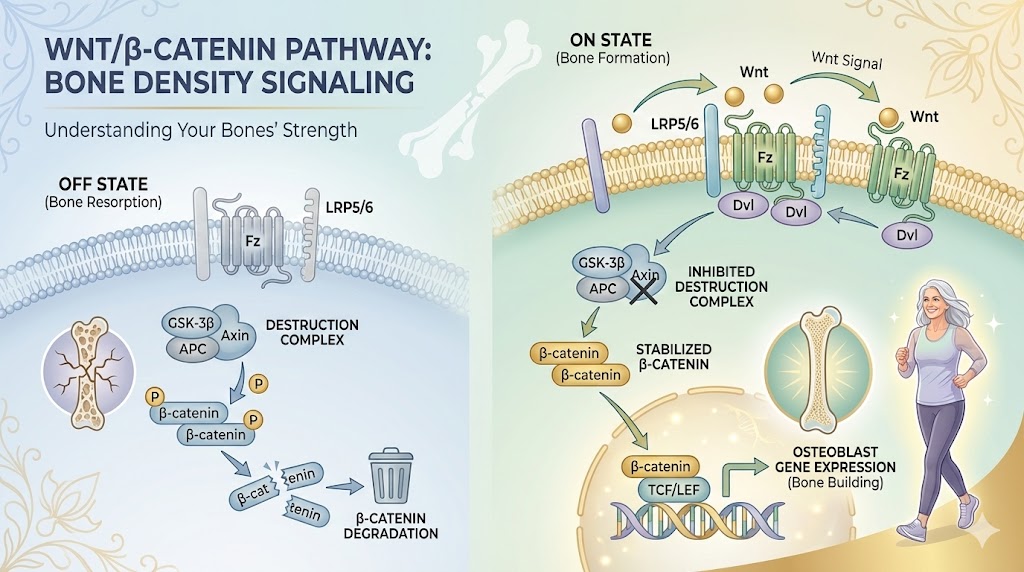 Diagram of Wnt/β-catenin cellular signaling pathway for bone health in women over 50, showing Wnt ligand activation leading to β-catenin stabilization and bone-building gene expression.