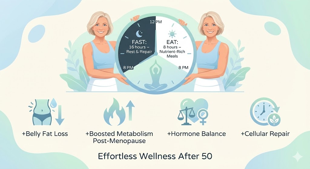Infographic explaining 16/8 intermittent fasting method for women over 50, showing eating window and fasting benefits like belly fat loss.