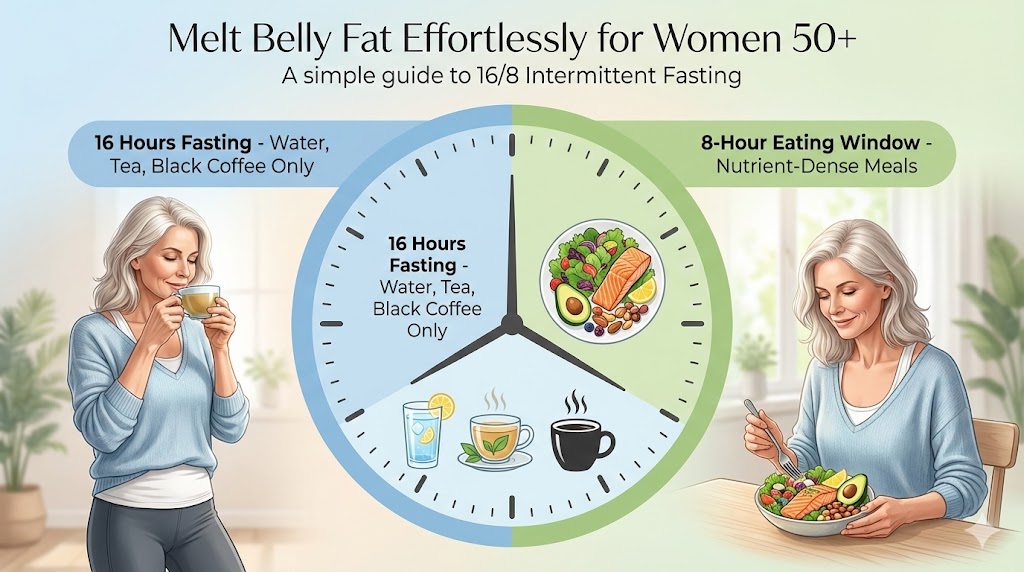 Diagram explaining 16/8 intermittent fasting for women over 50: 16-hour fasting window and 8-hour eating window on a clock face, with a mature woman enjoying balanced meals.
