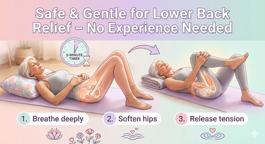 Gentle 5-minute psoas relief ritual illustration for women over 50, showing safe supine poses with breath cues and lower back ease
