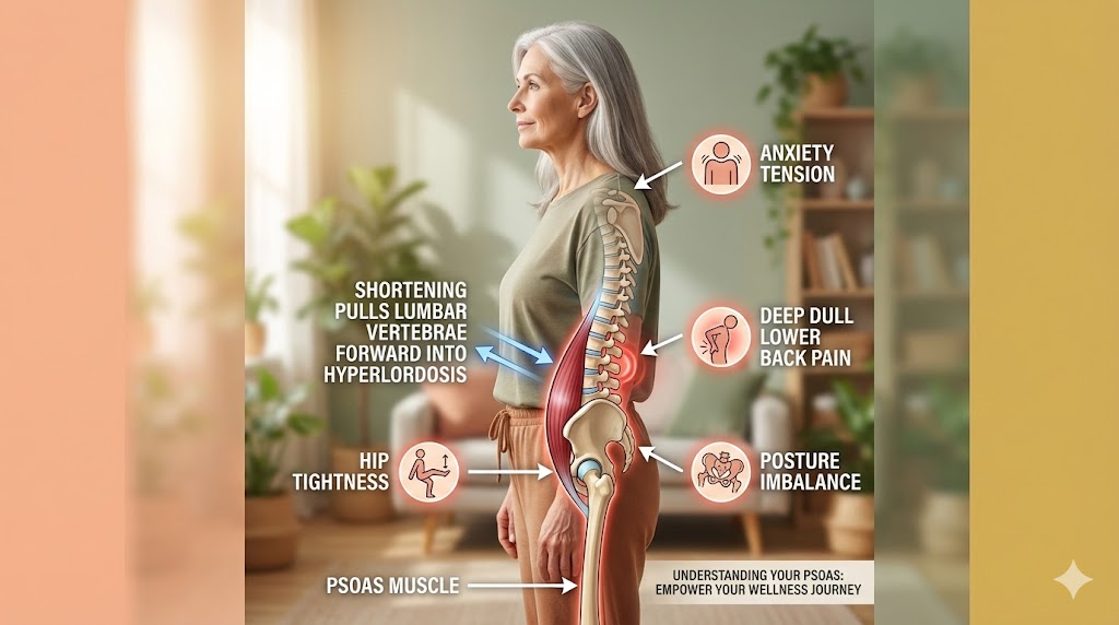 Diagram of psoas muscle shortening causing lower back pain and posture issues in women over 50.