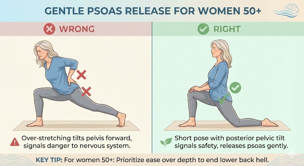 Infographic showing common psoas pose mistakes for women over 50, emphasizing nervous system safety over deep stretches to prevent lower back pain.