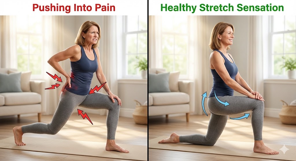 Illustration of woman over 50 forcing a deep lunge pose with gritted teeth and sharp pain signals in low back and groin, highlighting improper stretching.