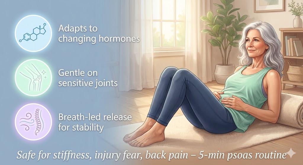 Infographic explaining why psoas poses suit women over 50, highlighting gentle support, stability, and breath release for back pain relief.